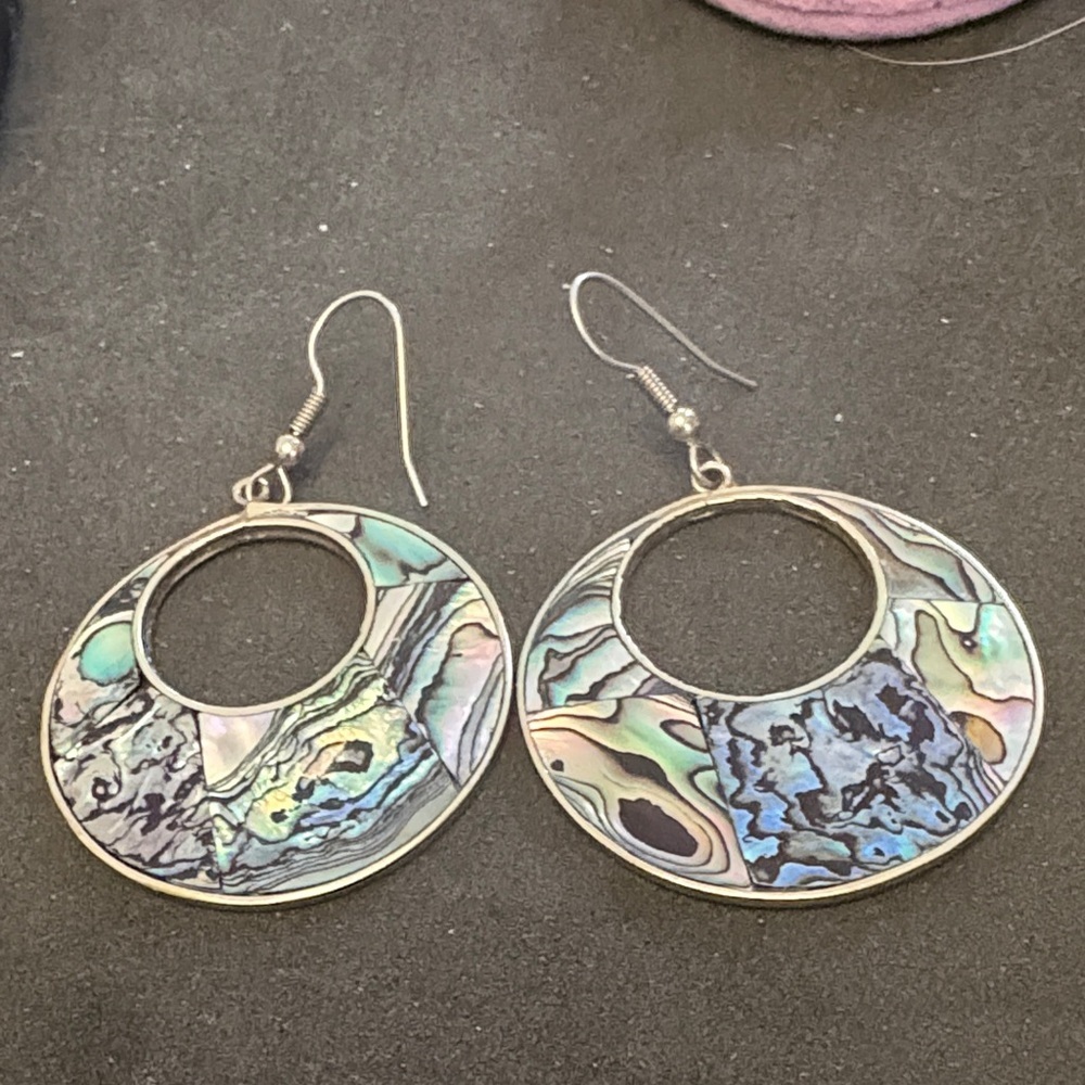Vintage Alpaca Silver Mother Of Pearl Hoop Drop Earrings